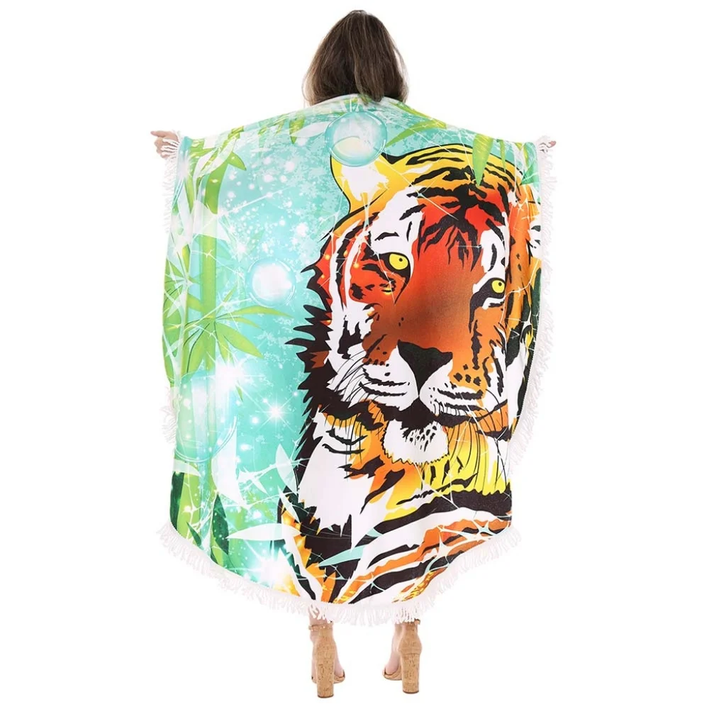 Round Shaped Tiger Summer Beach Towel w Tassel Trim
